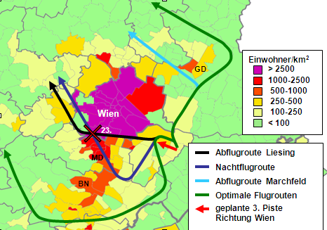 Flugroute Liesing und Bumerungnachtflugroute sowie Alternativen über weitgehend unbesiedeltes Gebiet