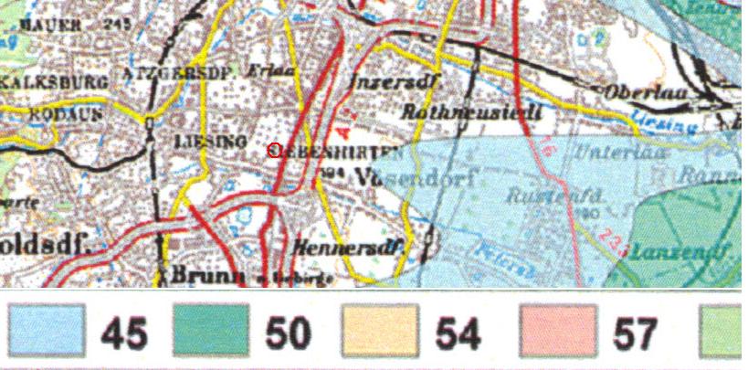 Lärmkarte für den Flugverkehr 2005 - 45 dB(A) bis an die Grenze Liesings