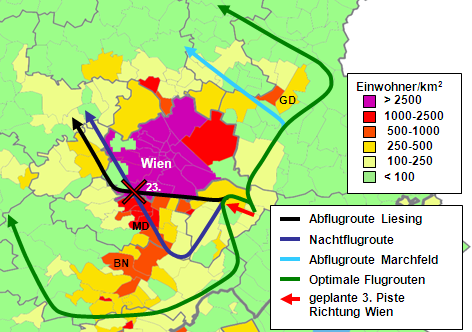 Abflugroute Liesing, Bumerang Nachtflugroute und Alternativen mit um Größenordnungen weniger Betroffenen