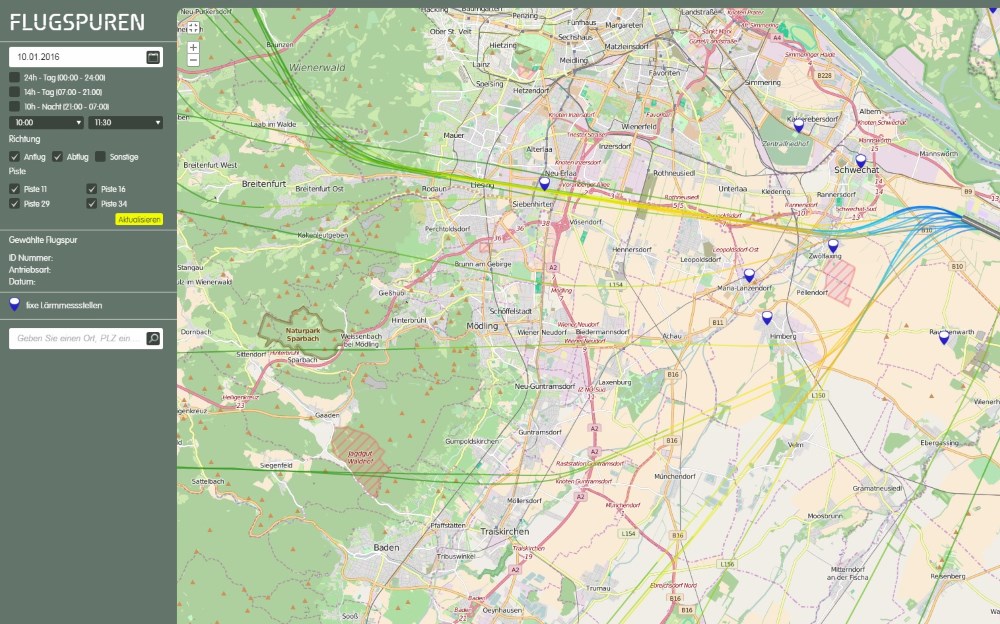 Konzentration des Flugverkehrs bei Windstille auf Flugrouten die Wien betreffen