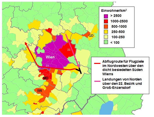 Starts über den Süden und Landungen über den Norden Wiens bei Windstille