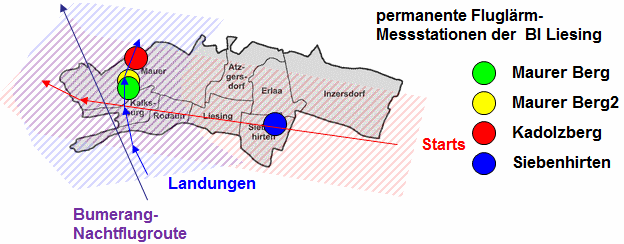 Lärmmesstellen und Betroffenheit Liesings durch Fluglärm